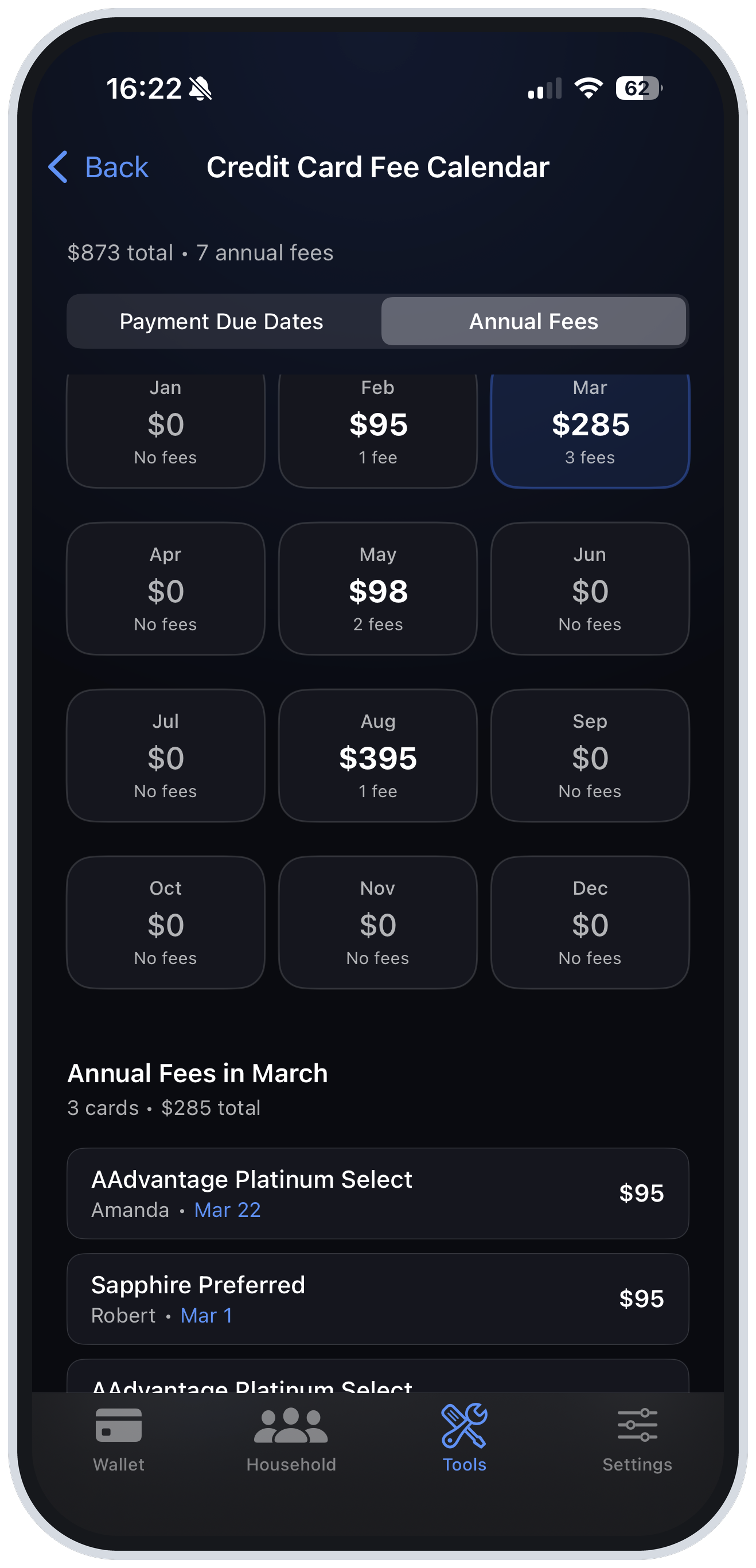 Annual fees screenshot