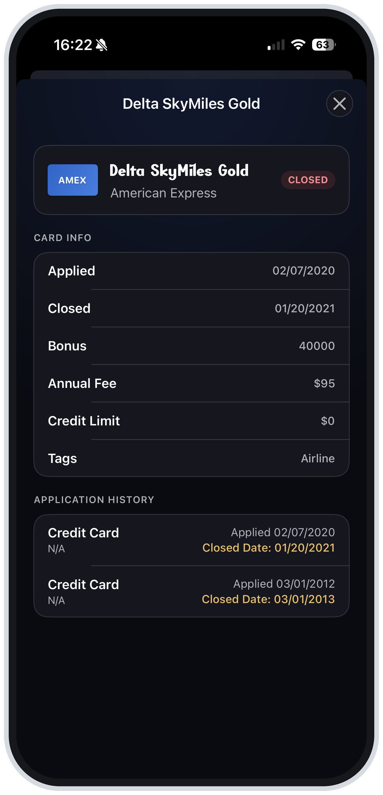 Card history screenshot